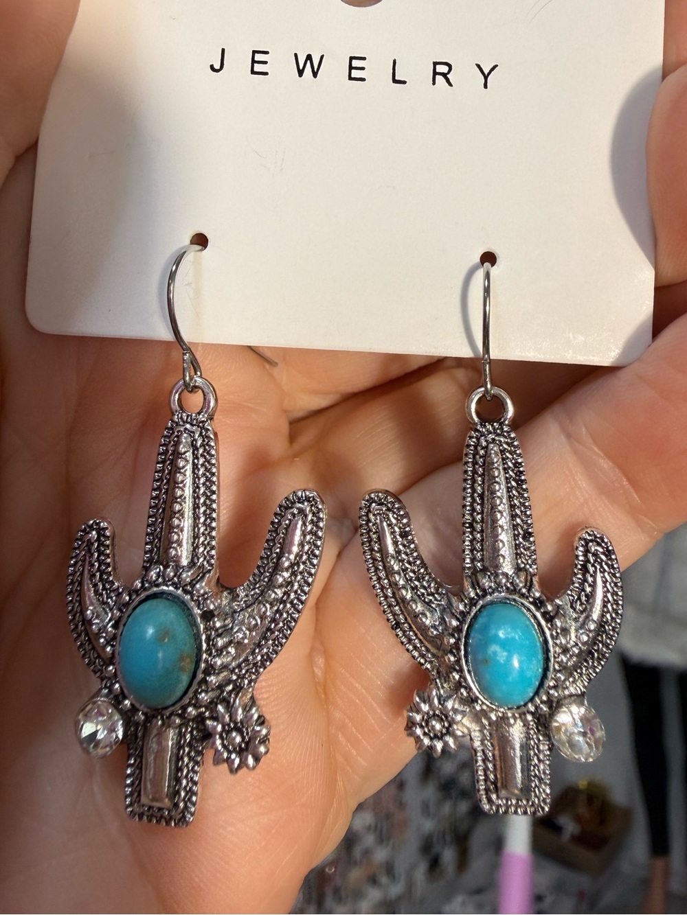 Silver Cactus Drop Earrings with Turquoise Stone